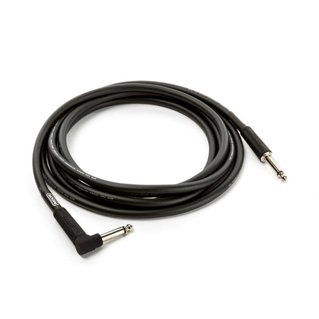 The image shows a coiled black guitar/instrument cable with 1/4" (6.35mm) plugs. One end has a straight connector, and the other has a right-angle plug, commonly used to connect electric guitars, basses, or keyboards to amplifiers or pedals. The right-angle end reduces strain on the instrument jack. The cable appears professional-quality, designed to maintain signal integrity and minimize noise.