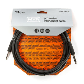 The image shows an MXR Pro Series Instrument Cable, model DCIX10, 10 feet long, with 1/4" mono plugs on both ends. The black, heavy-duty cable is designed for professional use, connecting instruments like guitars and keyboards to amps or audio gear. The packaging features the MXR brand, established since 1972, and includes "Official MXR Gear" and "Limited Lifetime Warranty" badges.