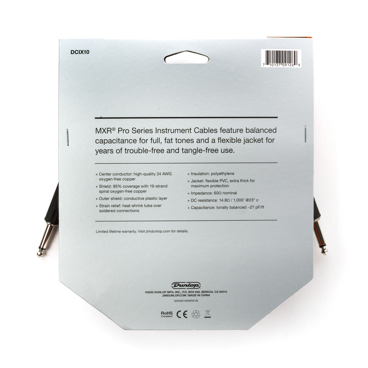 The image shows a packaged MXR Pro Series DCIX10 10-foot instrument cable with 1/4" plugs. It features a 24 AWG oxygen-free copper conductor, 95% shield coverage, conductive plastic outer shield, heat-shrink strain relief, polyethylene insulation, and a flexible PVC jacket. Manufactured by Dunlop, this professional cable ensures durable, high-quality connections for electric guitars, basses, and audio equipment.