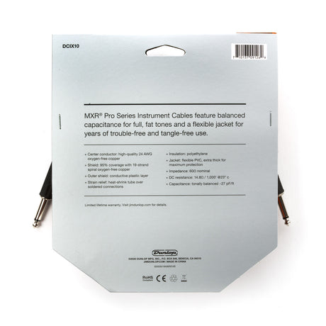 The image shows a packaged MXR Pro Series DCIX10 10-foot instrument cable with 1/4" plugs. It features a 24 AWG oxygen-free copper conductor, 95% shield coverage, conductive plastic outer shield, heat-shrink strain relief, polyethylene insulation, and a flexible PVC jacket. Manufactured by Dunlop, this professional cable ensures durable, high-quality connections for electric guitars, basses, and audio equipment.