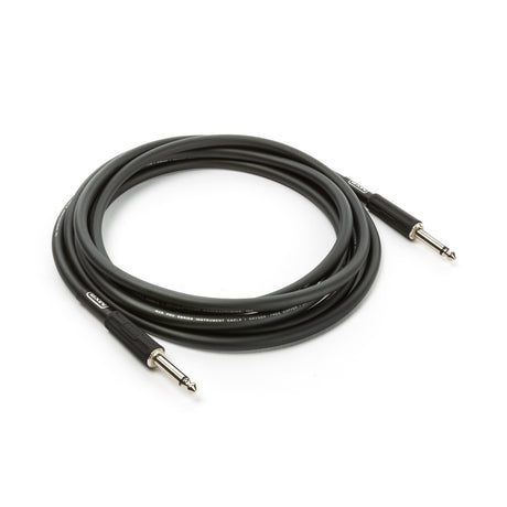 The image shows a professional black instrument cable with 1/4-inch TS connectors on both ends, designed for electric guitars, basses, keyboards, and effects pedals. The cable features "PRO SERIES INSTRUMENT CABLE" and "OXYGEN-FREE COPPER" text on the jacket, indicating high-quality construction for improved signal and reduced interference. It is coiled, suggesting a retail product photo for musicians needing reliable audio connections.