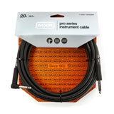 The image shows an MXR Pro Series Instrument Cable, model DCIX20R, 20 feet long. It features a black cable with one straight and one right-angle 1/4" plug, designed for electric guitars and instruments. Part of MXR's high-quality Pro Series, the packaging notes "Since 1972." The right-angle plug reduces strain on instrument jacks, making it essential for connecting instruments to amps, pedals, or audio gear.