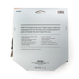 The image shows the packaging for a Dunlop MXR Pro Series DCIX20R instrument cable. It highlights features like balanced capacitance for rich tone, flexible tangle-free jacket, 60Ω impedance, and 24 AWG oxygen-free copper conductor. The cable has 95% shield coverage, polyethylene insulation, thick PVC jacket, and heat-shrink strain relief. Designed for professional guitar and instrument use, it includes 1/4" plugs and a limited lifetime warranty.