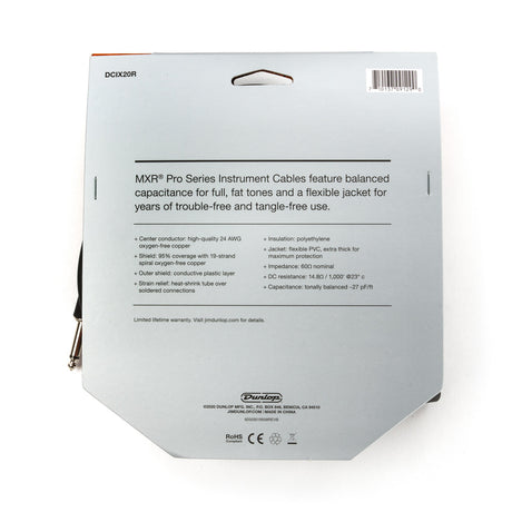 The image shows the packaging for a Dunlop MXR Pro Series DCIX20R instrument cable. It highlights features like balanced capacitance for rich tone, flexible tangle-free jacket, 60Ω impedance, and 24 AWG oxygen-free copper conductor. The cable has 95% shield coverage, polyethylene insulation, thick PVC jacket, and heat-shrink strain relief. Designed for professional guitar and instrument use, it includes 1/4" plugs and a limited lifetime warranty.
