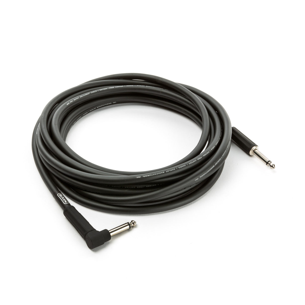 The image shows a black instrument cable with 1/4-inch TS plugs, featuring one straight and one right-angle connector. Commonly used to connect electric guitars, basses, and keyboards to amps or pedals, the angled plug reduces strain and saves space on instruments. This professional-grade cable is designed for durability and low noise, essential for live and studio use.