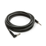 The image shows a black instrument cable with 1/4-inch TS plugs, featuring one straight and one right-angle connector. Commonly used to connect electric guitars, basses, and keyboards to amps or pedals, the angled plug reduces strain and saves space on instruments. This professional-grade cable is designed for durability and low noise, essential for live and studio use.