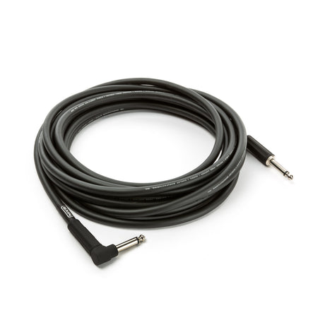 The image shows a black instrument cable with 1/4-inch TS plugs, featuring one straight and one right-angle connector. Commonly used to connect electric guitars, basses, and keyboards to amps or pedals, the angled plug reduces strain and saves space on instruments. This professional-grade cable is designed for durability and low noise, essential for live and studio use.