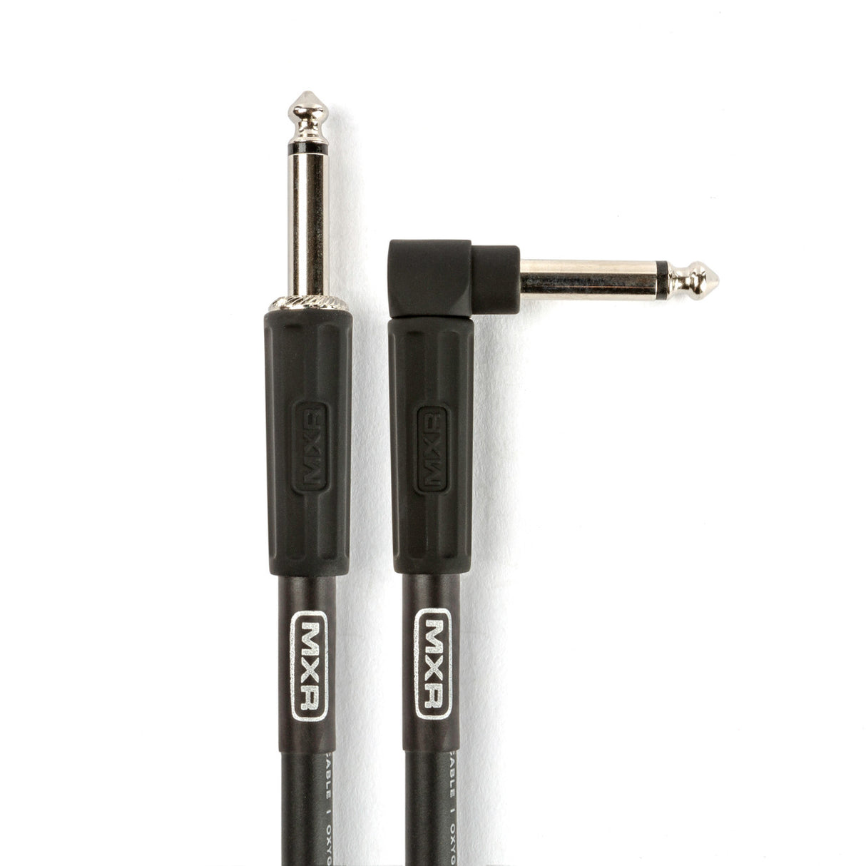The image shows two MXR instrument cables with 1/4-inch TS connectors—one straight and one right-angle. They have black jackets with MXR branding and metal connector housings. These professional-grade cables are used by guitarists, bassists, and musicians to connect instruments to amps, pedals, or audio gear, with the right-angle plug helping in tight spaces or to reduce cable strain.