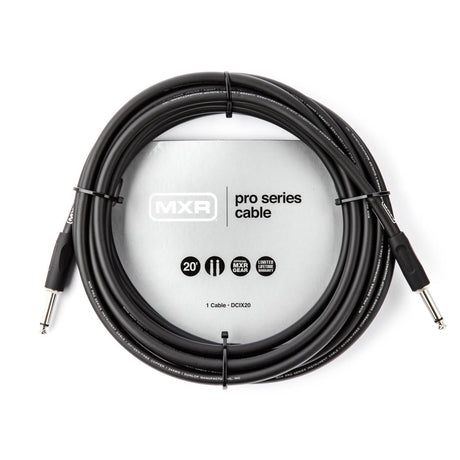 The image shows an MXR Pro Series 20-foot instrument cable, model DCIX20, with black connectors and cable. It features standard 1/4" plugs, is labeled "Artist Gear," and includes a limited lifetime warranty. Designed for electric guitars, basses, and keyboards, this professional-grade cable is known for durability and high-quality audio performance.