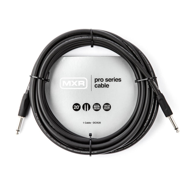 The image shows an MXR Pro Series 20-foot instrument cable, model DCIX20, with black connectors and cable. It features standard 1/4" plugs, is labeled "Artist Gear," and includes a limited lifetime warranty. Designed for electric guitars, basses, and keyboards, this professional-grade cable is known for durability and high-quality audio performance.