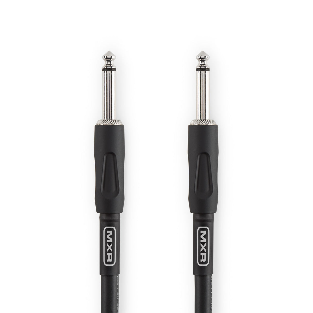 The image shows an MXR branded musical instrument cable with two 1/4 inch (6.35mm) TS or TRS connectors. It features chrome metal tips, black plastic housings with strain relief, and a black cable jacket. Commonly used for connecting guitars, basses, keyboards, and effects pedals to amplifiers or audio equipment, this cable ensures reliable audio signal transmission for musical instruments.