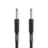 The image shows an MXR branded musical instrument cable with two 1/4 inch (6.35mm) TS or TRS connectors. It features chrome metal tips, black plastic housings with strain relief, and a black cable jacket. Commonly used for connecting guitars, basses, keyboards, and effects pedals to amplifiers or audio equipment, this cable ensures reliable audio signal transmission for musical instruments.