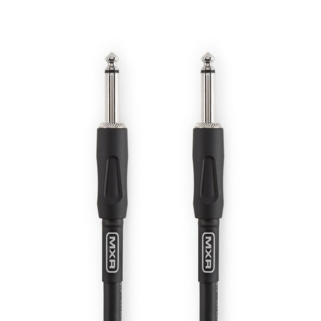 The image shows an MXR branded musical instrument cable with two 1/4 inch (6.35mm) TS or TRS connectors. It features chrome metal tips, black plastic housings with strain relief, and a black cable jacket. Commonly used for connecting guitars, basses, keyboards, and effects pedals to amplifiers or audio equipment, this cable ensures reliable audio signal transmission for musical instruments.
