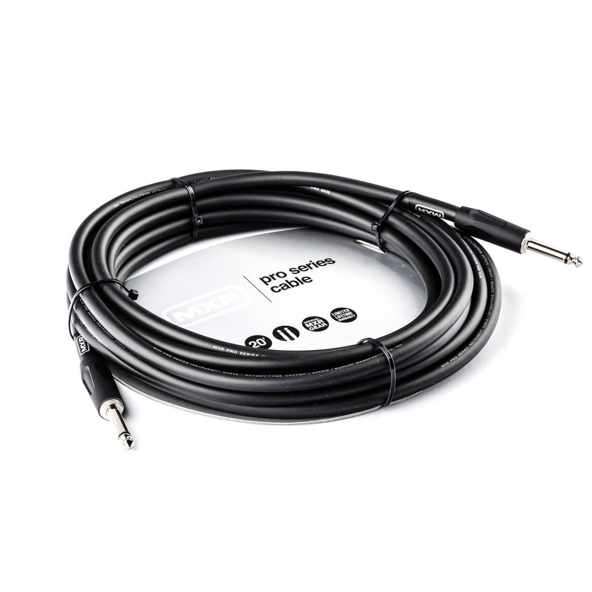 The image shows a professional "Pro Series" black instrument cable with 1/4" (6.35mm) jack connectors on both ends. It is approximately 20 feet long, suitable for connecting electric guitars, basses, keyboards, and other instruments to amplifiers or pedals. The cable features quality construction with thick shielding to reduce noise, making it ideal for stage and studio use.