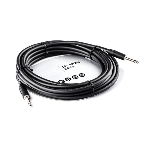 The image shows a professional "Pro Series" black instrument cable with 1/4" (6.35mm) jack connectors on both ends. It is approximately 20 feet long, suitable for connecting electric guitars, basses, keyboards, and other instruments to amplifiers or pedals. The cable features quality construction with thick shielding to reduce noise, making it ideal for stage and studio use.