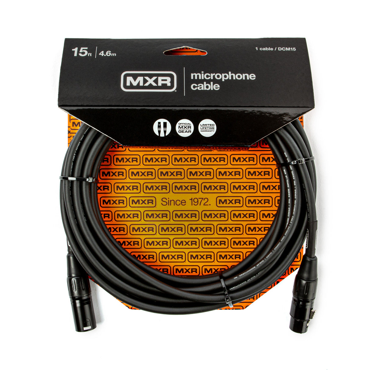 The image shows an MXR DCM15 professional 15-foot (4.6m) microphone cable with black XLR connectors on both ends. The cable is coiled neatly and packaged in a black box with orange/red accents, featuring MXR branding and “Since 1972” text. This high-quality cable is designed for connecting microphones to audio equipment, suitable for live performance, studios, and general music applications.