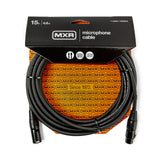 The image shows an MXR DCM15 professional 15-foot (4.6m) microphone cable with black XLR connectors on both ends. The cable is coiled neatly and packaged in a black box with orange/red accents, featuring MXR branding and “Since 1972” text. This high-quality cable is designed for connecting microphones to audio equipment, suitable for live performance, studios, and general music applications.