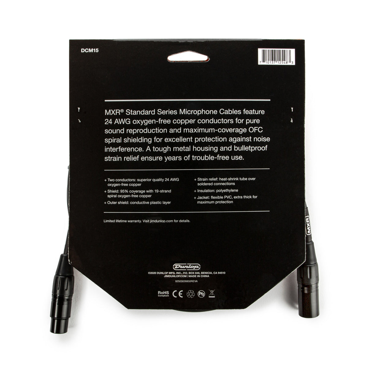 The image shows an MXR Standard Series Microphone Cable (model DCM15) in retail packaging. Key features include 24 AWG oxygen-free copper conductors, maximum-coverage OFC spiral shielding, tough metal housing with bulletproof strain relief, and XLR connectors on both ends. The packaging also highlights 95% shielding, heat-shrink strain relief, polyethylene insulation, and a flexible PVC jacket for durability and noise protection.