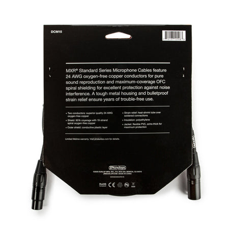 The image shows an MXR Standard Series Microphone Cable (model DCM15) in retail packaging. Key features include 24 AWG oxygen-free copper conductors, maximum-coverage OFC spiral shielding, tough metal housing with bulletproof strain relief, and XLR connectors on both ends. The packaging also highlights 95% shielding, heat-shrink strain relief, polyethylene insulation, and a flexible PVC jacket for durability and noise protection.