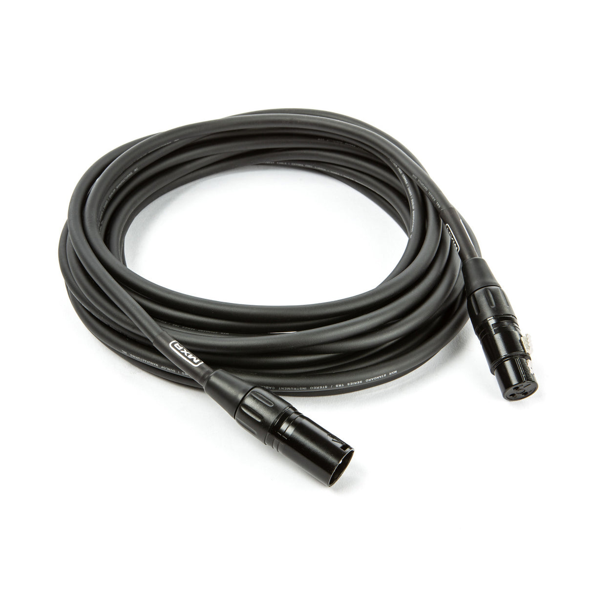 The image shows a coiled professional audio XLR cable with standard 3-pin connectors on both ends and a durable black jacket. Commonly used for connecting microphones, audio interfaces, mixers, and instruments, this balanced cable ensures high-quality, noise-rejecting signal transmission in studios and live sound setups.