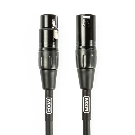 The image shows a professional audio cable with black insulation and visible "MXR" branding, featuring two 3-pin XLR connectors—one male and one female. XLR cables are widely used in music for connecting microphones, instruments, and audio gear, providing balanced, noise-reducing connections essential for recording studios and live sound setups.