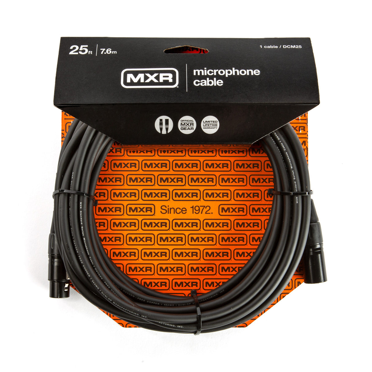 The image shows an MXR DCM25 professional 25-foot black microphone cable with XLR connectors. The packaging features a black header with white MXR branding, an orange background with repeated logos, "Since 1972" text, and badges for "Official MXR Gear" and "Limited Lifetime Warranty." This balanced cable is designed for studio and live use, connecting microphones to audio equipment.