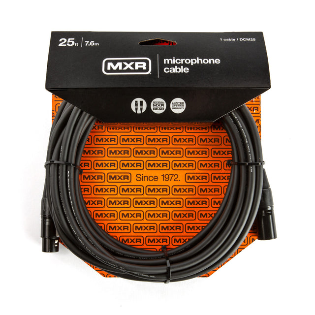 The image shows an MXR DCM25 professional 25-foot black microphone cable with XLR connectors. The packaging features a black header with white MXR branding, an orange background with repeated logos, "Since 1972" text, and badges for "Official MXR Gear" and "Limited Lifetime Warranty." This balanced cable is designed for studio and live use, connecting microphones to audio equipment.