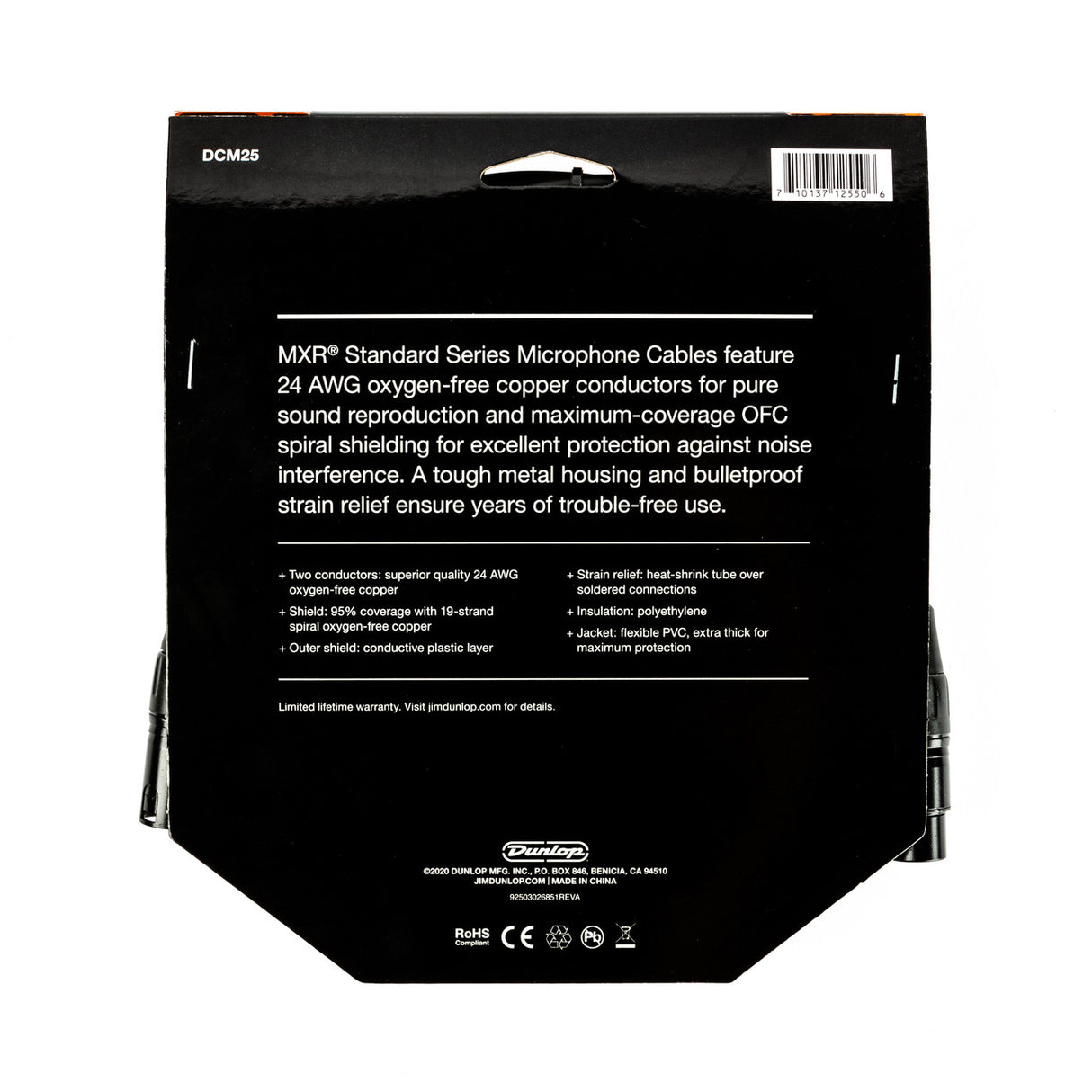 The image shows the back packaging of an MXR® Standard Series DCM25 microphone cable by Dunlop Manufacturing. Key features include 24 AWG oxygen-free copper conductors, 95% coverage spiral OFC shielding, conductive plastic outer layer, heat-shrink strain relief, polyethylene insulation, and a flexible PVC jacket. Designed for professional audio use, it offers reliable, noise-free signal transmission and includes a limited lifetime warranty.