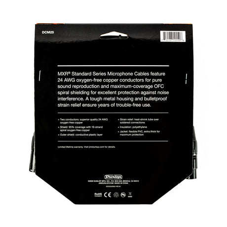 The image shows the back packaging of an MXR® Standard Series DCM25 microphone cable by Dunlop Manufacturing. Key features include 24 AWG oxygen-free copper conductors, 95% coverage spiral OFC shielding, conductive plastic outer layer, heat-shrink strain relief, polyethylene insulation, and a flexible PVC jacket. Designed for professional audio use, it offers reliable, noise-free signal transmission and includes a limited lifetime warranty.