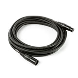 The image shows a professional XLR microphone cable with male and female 3-pin connectors, a black shielded jacket, and a coiled length. Designed for studio, live sound, and audio production, it offers balanced audio transmission and secure locking connectors to reduce noise and prevent accidental disconnection, making it essential for connecting microphones to audio interfaces, mixers, and PA systems.