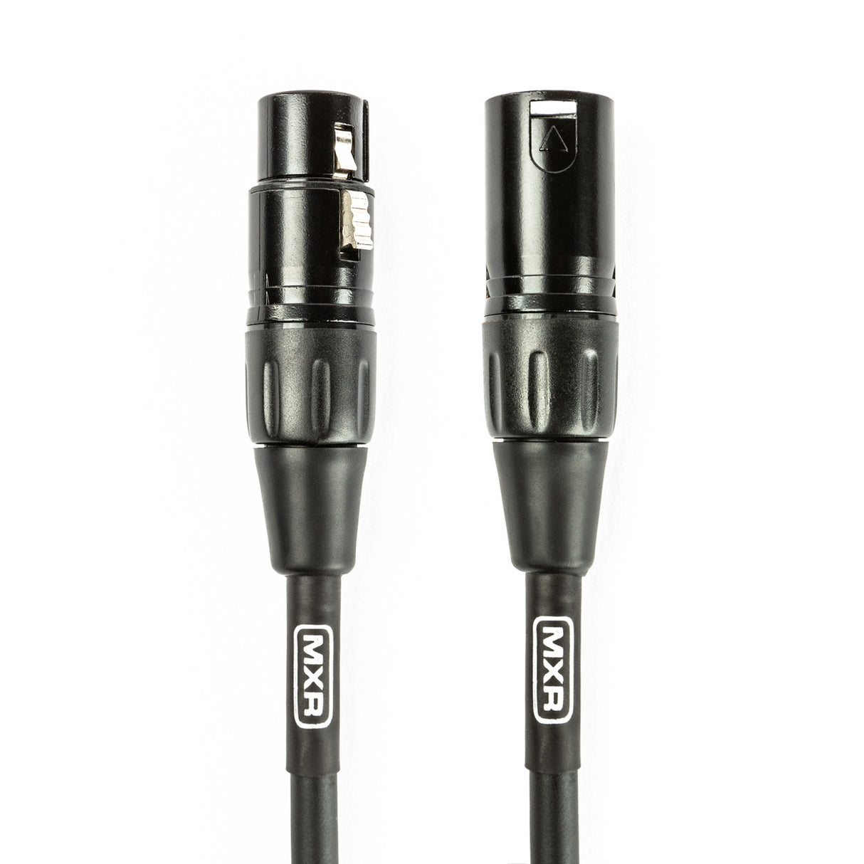 The image shows a professional audio cable with black insulation and visible "MXR" branding, featuring two 3-pin XLR connectors—one male and one female. XLR cables are widely used in music for connecting microphones, instruments, and audio gear, providing balanced, noise-reducing connections essential for recording studios and live sound setups.