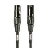 The image shows a professional audio cable with black insulation and visible "MXR" branding, featuring two 3-pin XLR connectors—one male and one female. XLR cables are widely used in music for connecting microphones, instruments, and audio gear, providing balanced, noise-reducing connections essential for recording studios and live sound setups.