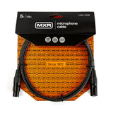 The image shows an MXR DCM5 professional 5-foot (1.5 m) XLR microphone cable in its packaging. It features black cable jacket and standard 3-pin XLR connectors on both ends. The packaging has MXR’s orange branding with repeated logos and “Since 1972,” highlighting their longstanding presence in the music industry. This durable cable is essential for connecting microphones to audio equipment in professional settings.