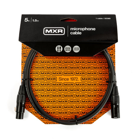 The image shows an MXR DCM5 professional 5-foot (1.5 m) XLR microphone cable in its packaging. It features black cable jacket and standard 3-pin XLR connectors on both ends. The packaging has MXR’s orange branding with repeated logos and “Since 1972,” highlighting their longstanding presence in the music industry. This durable cable is essential for connecting microphones to audio equipment in professional settings.