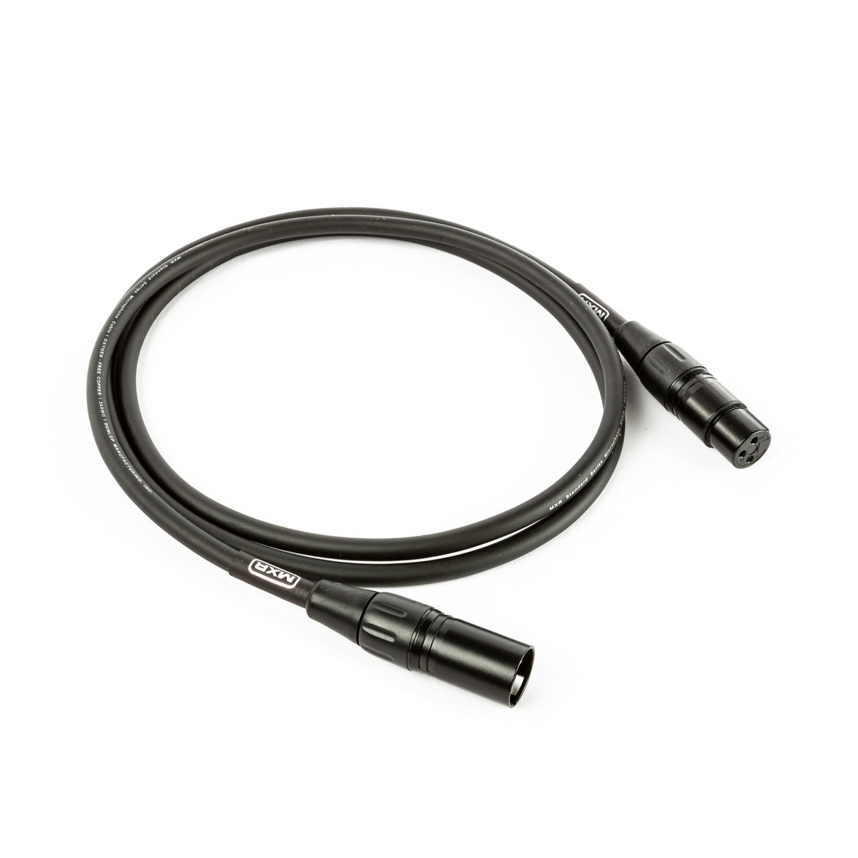 The image shows a professional black XLR audio cable with 3-pin circular connectors on both ends. This balanced cable is commonly used in music and audio industries for connecting microphones, mixers, PA systems, and studio or live sound equipment. It features durable construction for reliable audio transmission, making it essential for musicians, sound engineers, and recording studios.