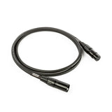 The image shows a professional black XLR audio cable with 3-pin circular connectors on both ends. This balanced cable is commonly used in music and audio industries for connecting microphones, mixers, PA systems, and studio or live sound equipment. It features durable construction for reliable audio transmission, making it essential for musicians, sound engineers, and recording studios.