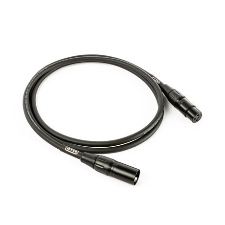 The image shows a professional black XLR audio cable with 3-pin circular connectors on both ends. This balanced cable is commonly used in music and audio industries for connecting microphones, mixers, PA systems, and studio or live sound equipment. It features durable construction for reliable audio transmission, making it essential for musicians, sound engineers, and recording studios.
