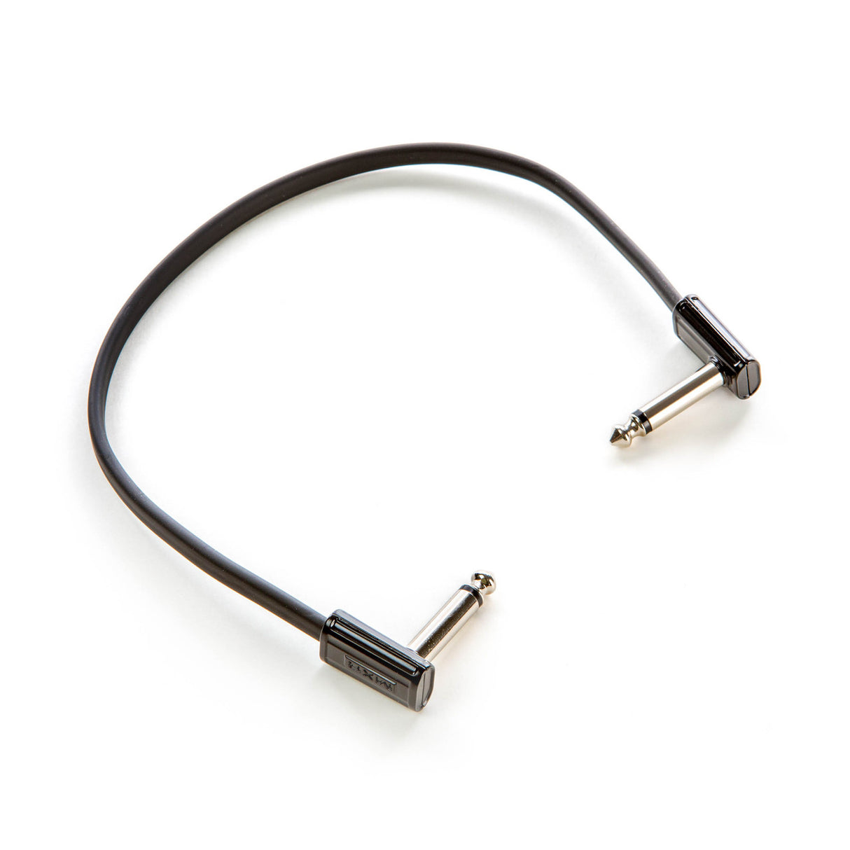 The image shows a guitar patch cable with 1/4-inch TS plugs—a straight connector on one end and a right-angled on the other. This short audio cable, featuring a black jacket and chrome connectors, is used to connect electric guitars or basses to amps, pedals, or audio interfaces and to link pedals in a setup. The right-angled plug helps save space and reduce strain on connections, making it essential for musicians.