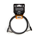 The image shows an MXR Ribbon Patch Cable by Dunlop, a black, flat, ultra-thin cable with two right-angled metal jack plugs. Packaged with a black and orange header card, it’s a short cable designed for connecting guitar effects pedals. The packaging highlights its ultra-thin, quiet design, low-profile metal ends, and oxygen-free copper wire for durability and clean signal transmission.