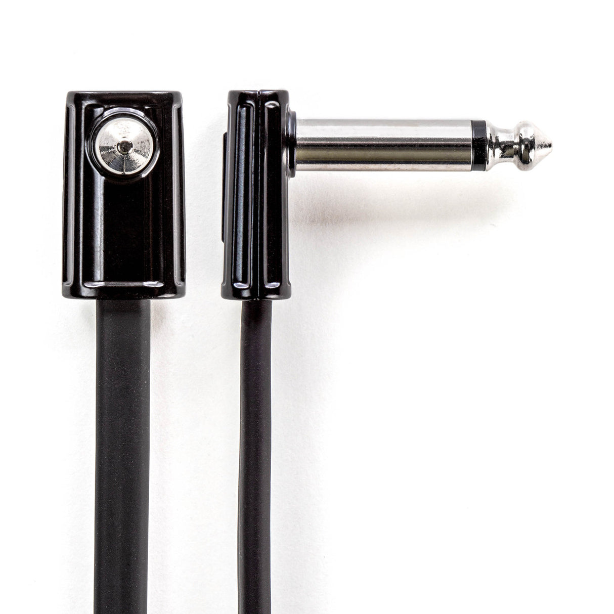The image shows a guitar cable with right-angle 1/4" TS or TRS connectors. It features black plastic housings, metal plug tips, and a black cable jacket. The right-angle design reduces strain and saves space. This professional-grade cable is used to connect electric guitars, basses, effects pedals, and other audio equipment, offering reliable performance and neat cable management for musicians and recording setups.