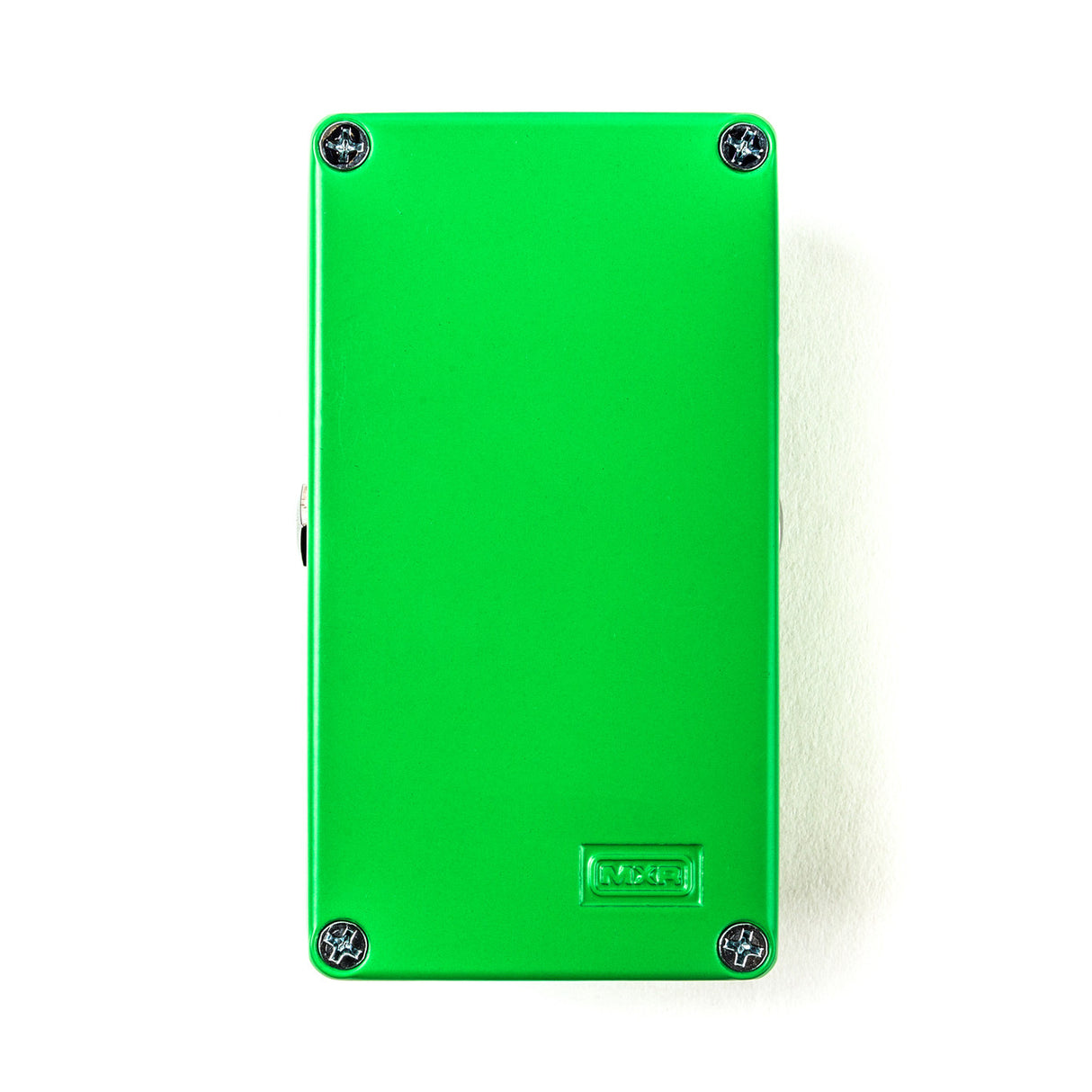 The image shows the bottom view of a bright green guitar effects pedal with a metal enclosure. Four Phillips screws secure the plate, which features the embossed "MXR" branding. The pedal has a clean, professional finish typical of MXR products, a well-known brand in guitar effects. The color and build suggest it’s from their standard line, used by guitarists to shape their sound.