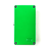 The image shows the bottom view of a bright green guitar effects pedal with a metal enclosure. Four Phillips screws secure the plate, which features the embossed "MXR" branding. The pedal has a clean, professional finish typical of MXR products, a well-known brand in guitar effects. The color and build suggest it’s from their standard line, used by guitarists to shape their sound.