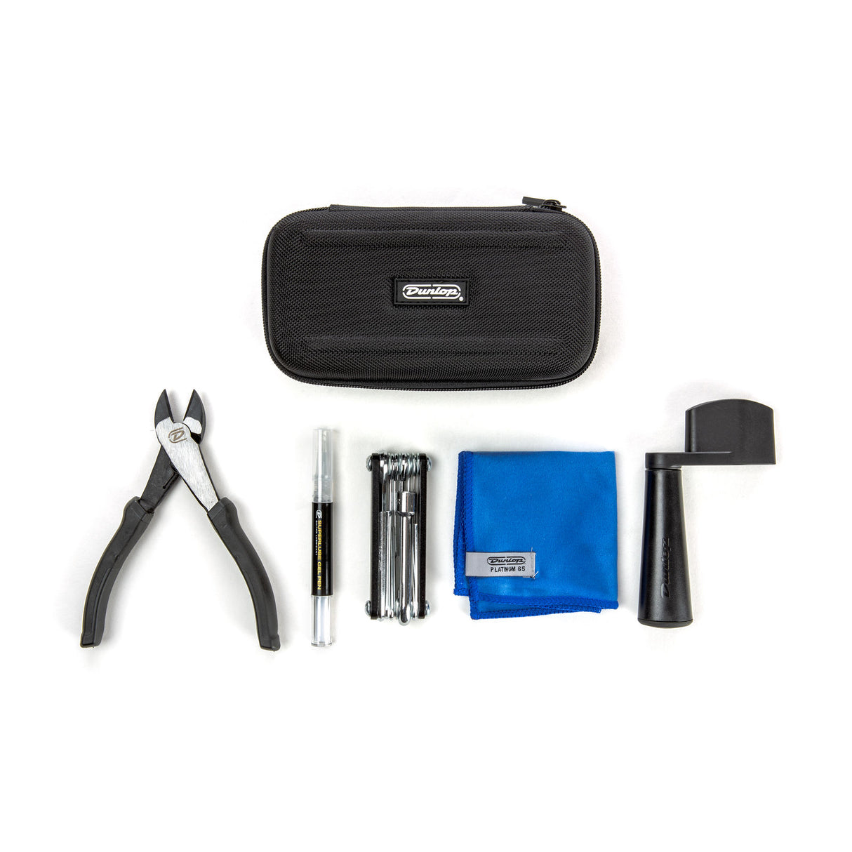 Collection of tools including a black case, pliers, pen, flashlight, cloth, and small black tool on a white background.