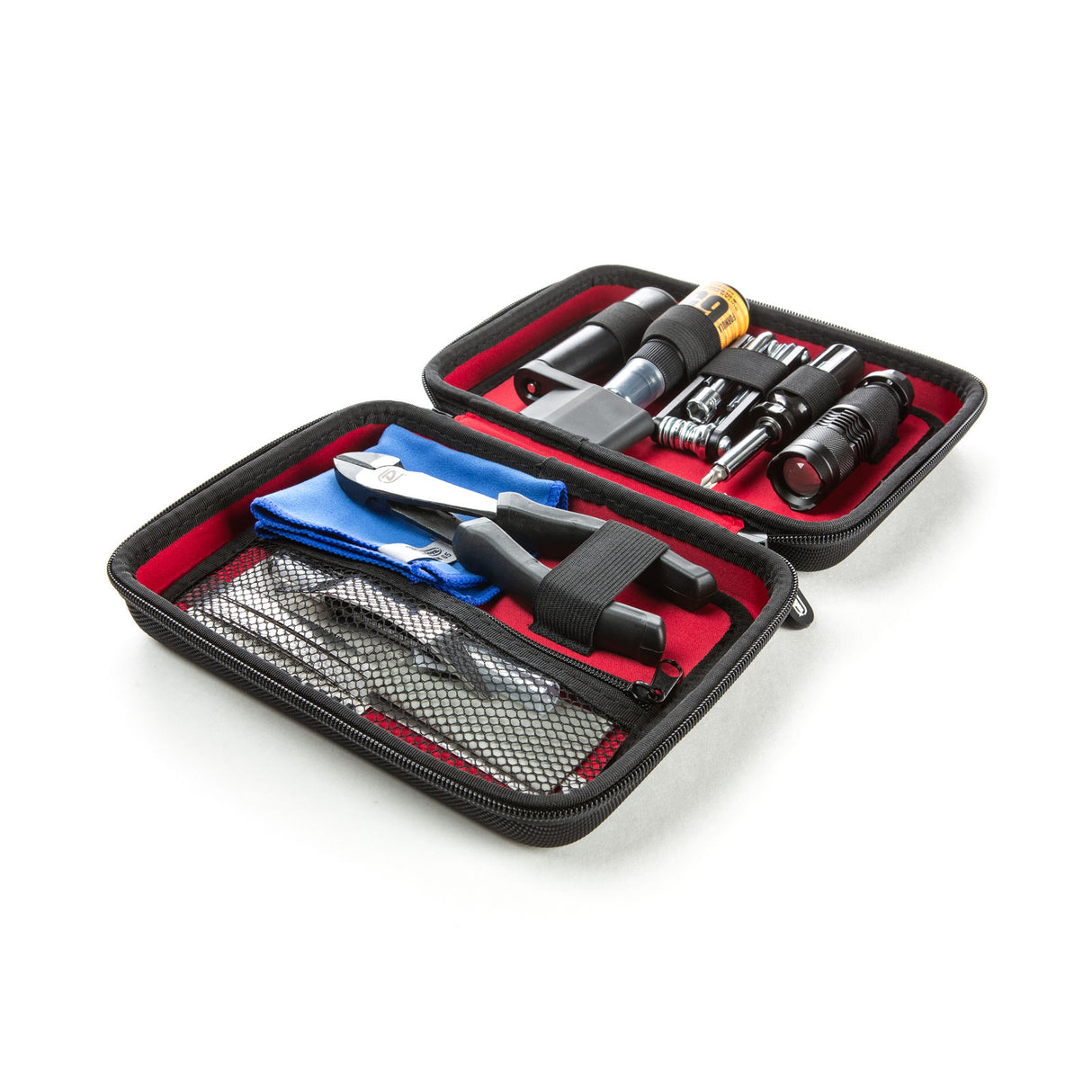 Black tool case with red interior containing various tools on a white background