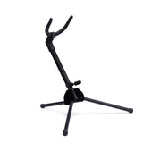 A black saxophone stand on a white background