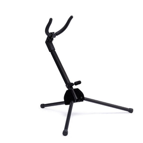 A black saxophone stand on a white background
