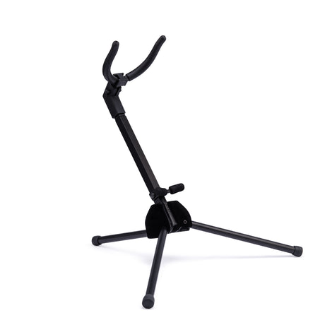 A black saxophone stand on a white background