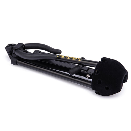 A black saxophone stand folded up on a white background