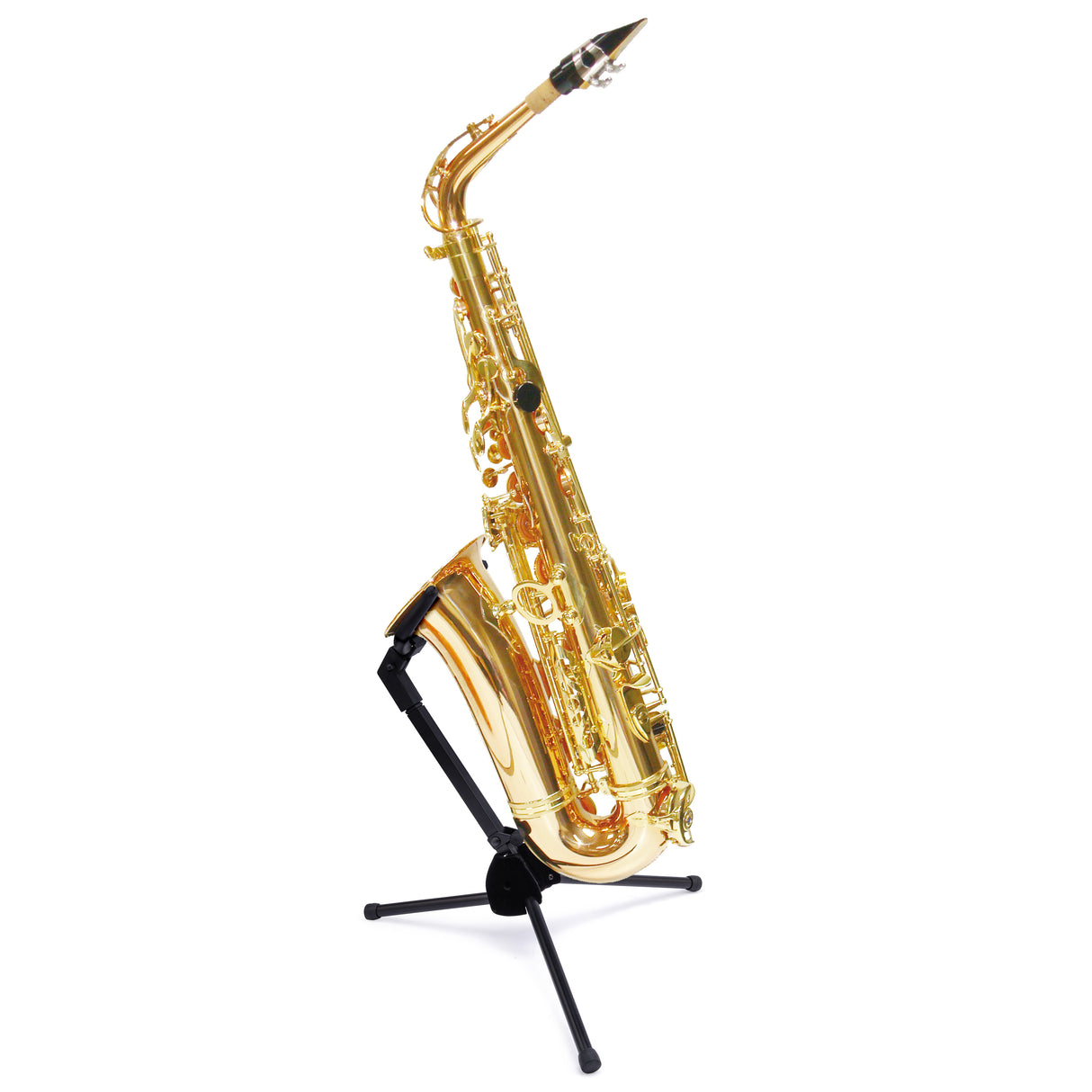 A saxophone resting in a black saxophone stand on a white background