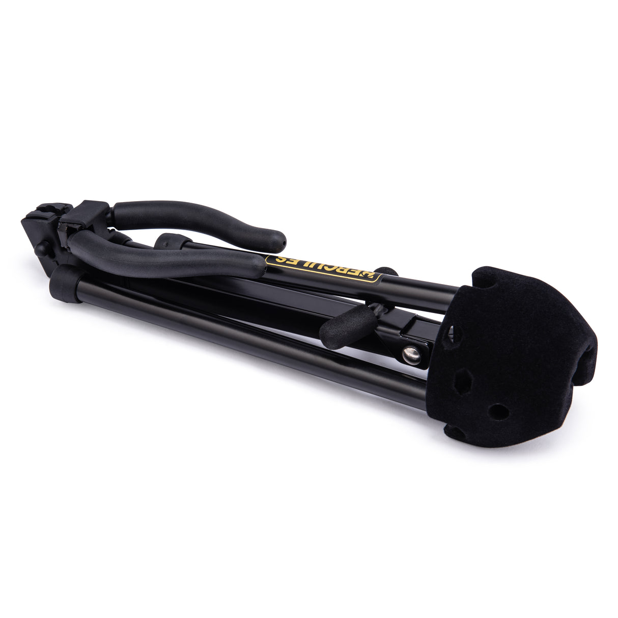 A black saxophone stand folded up on a white background